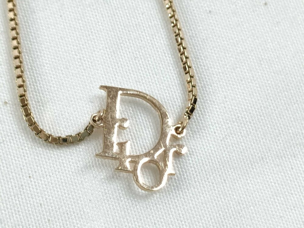 Christian Dior Vintage Gold-Tone Oblique Monogram Logo Pendant Necklace